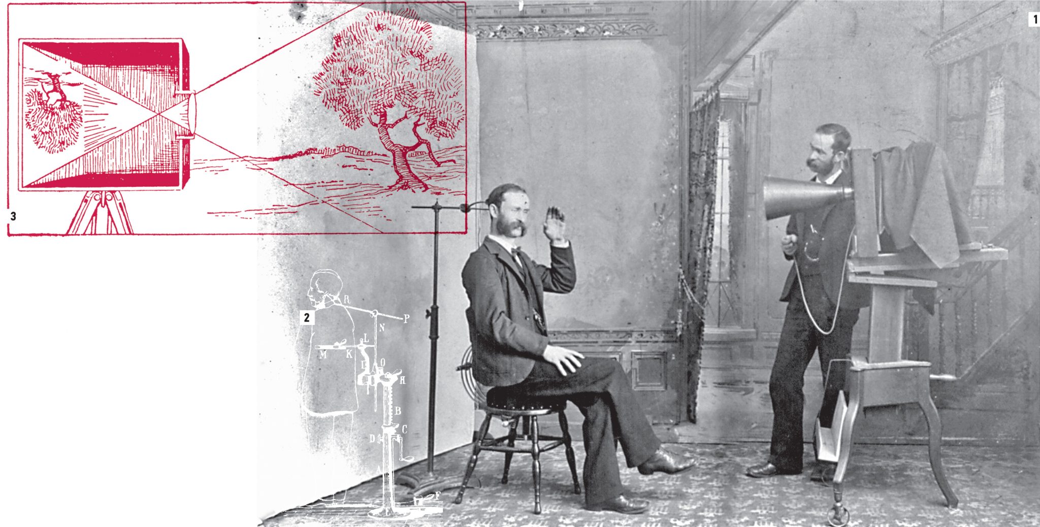 Фотография съемочного процесса для создания дагеротипа (1). Схема по использованию копфгальтера для фиксирования головы человека перед дагеротипированием (2). Иллюстрация базового принципа создания фотографического изображения (3) / Дмитрий Тышкивский, «Вечерняя Москва»