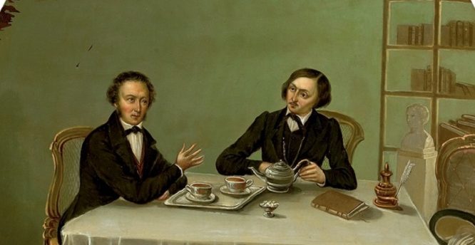 Картина «Пушкин и Гоголь», художник Николай Алексеев. Эмаль, медь. 1847 год. Фото: public domain